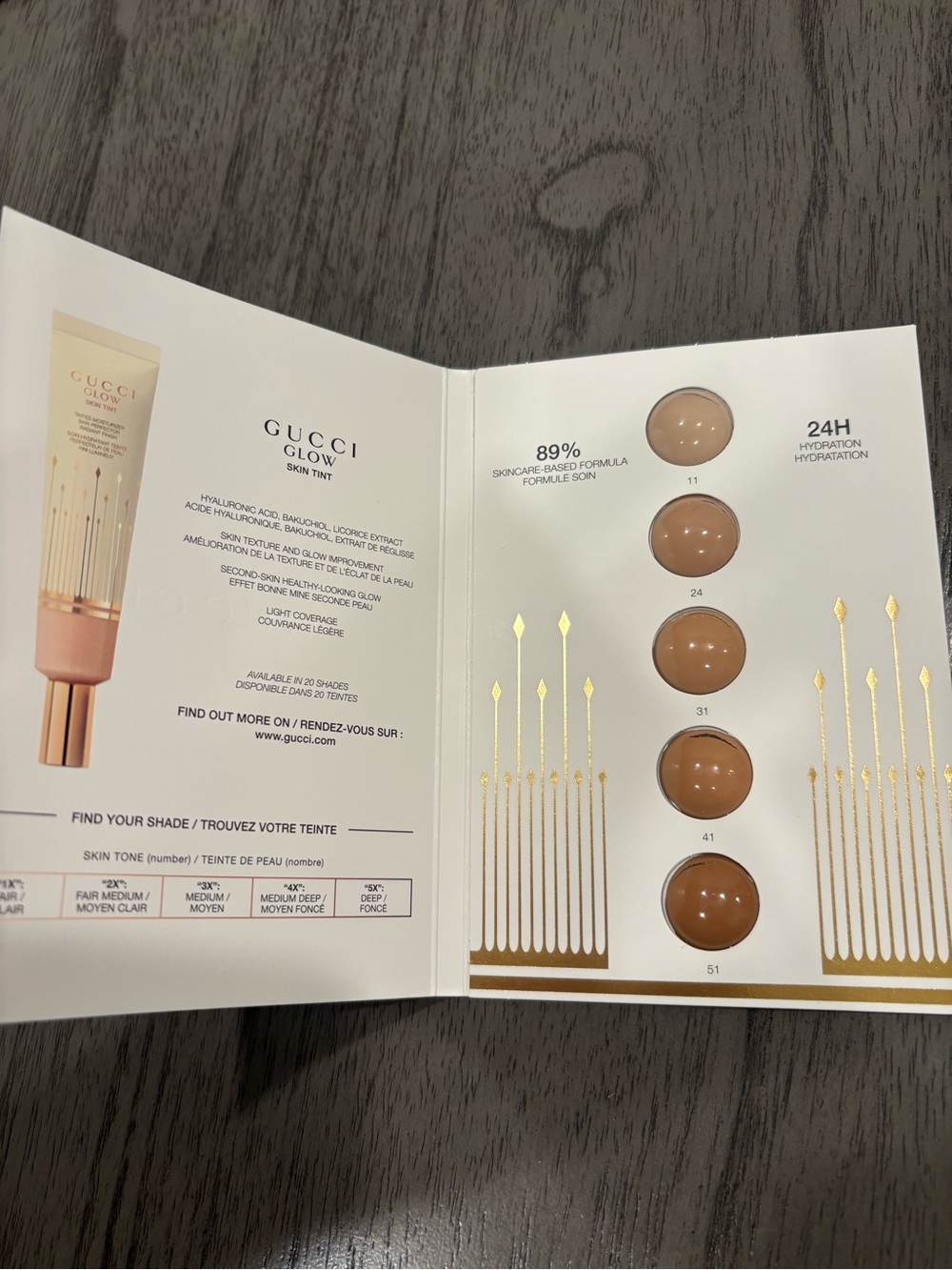 * New Gucci Glow Skin Tint Sample Card shades 11, 24, 31, 41, 51